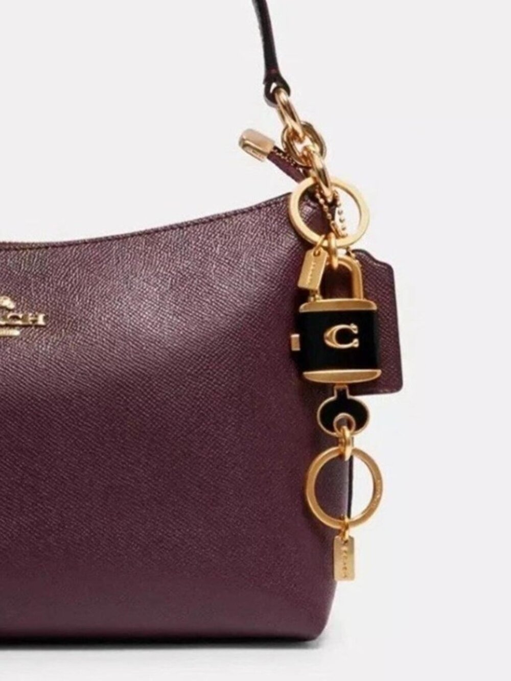 Coach Lock And Key Bag Charm Key Ring Purse Fob C1679 Black Enamel Gold NWT - Picture 7 of 8